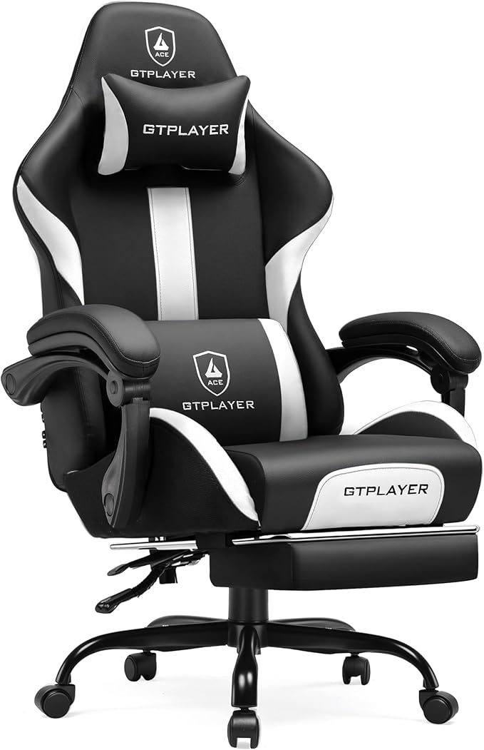 GTPLAYER Gaming Chair with Pocket Spring Cushion, Leather Office Chair with Ergonomic High Back & Lumbar Support for Back Pain Relief, Computer Game Chair for Adults, White/Black by GTPLAYER