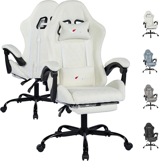 Fabric Gaming Chair for Adults, Ergonomic Computer Office Desk Chair with Footrest,Pocket Spring Cushion, Reclining High Back Silla Gamer for Home Office, White - Image 8