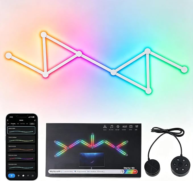 Smart WiFi Wall Light, DIY Geometry Splicing Gaming Lights Compatible with Alexa and Google Assistant, Music Sync & Voice Control, LED Wall Lights for Home Decor & Game Room, Bedroom (9 Lines, White) by Unknown