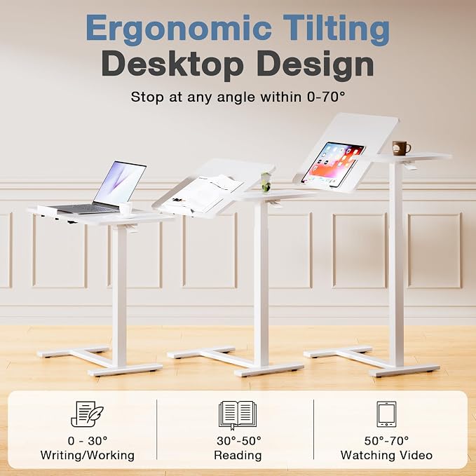 DUMOS Adjustable Bedside Overbed Table with Wheels, White - Image 4