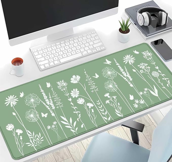 IMAYONDIA Cute Sage Green Desk Mats Mousepad, Plant Floral Anime Deskmat, Aesthetic Desk Pad, Minimalist Mint White Leaves Large Gaming Mouse Pad, Decor Accessories, 31.5 X 11.8 - Image 6