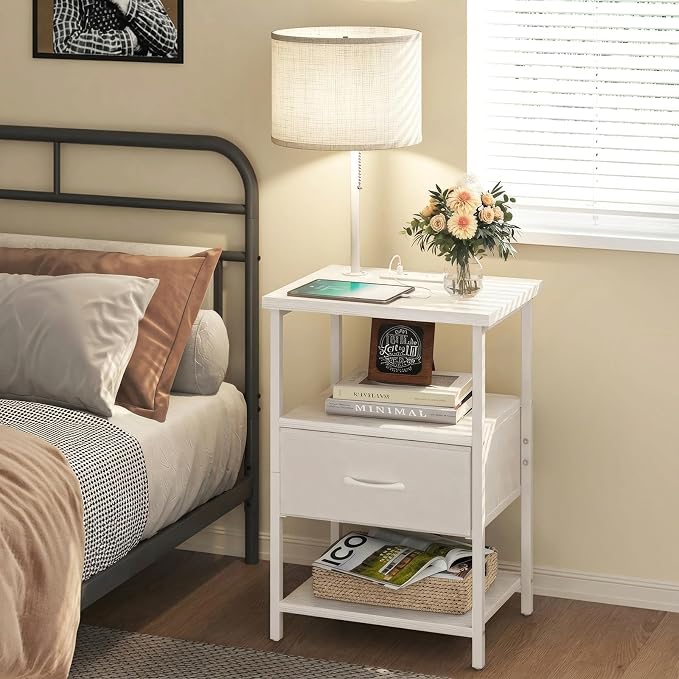 Fixwal Bedside Table with 3 Color Temperatures Bulb Attached, Nightstand with Charging Station and Lights, End Table with Fabric Drawer for Bedroom & Dorm (White) - Image 2