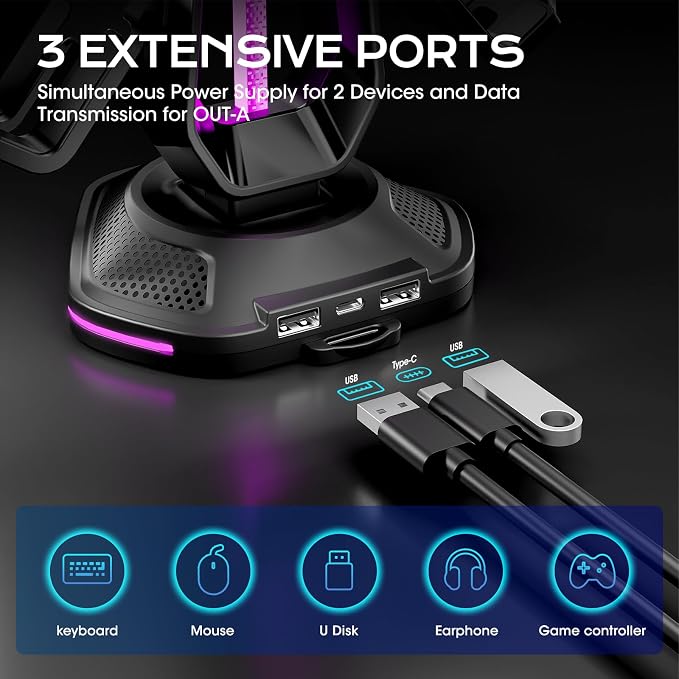 Saitake RGB Controller Holder with 9 Light Modes,Controller Stand with 2 USB Ports,Headset Stand for Desk-Headphone Holder Suitable for Xbox PS4 5 Switch Controllers Gaming Room Deco - Image 4