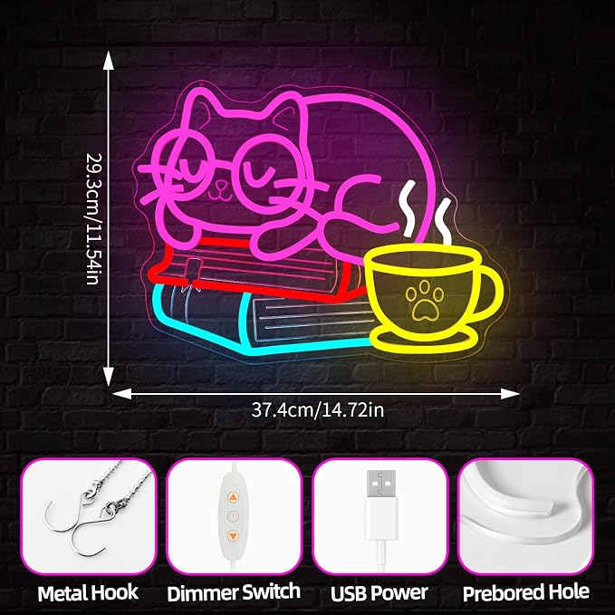 Cat Reading Neon Sign Kawaii Kitten with Glasses On Books with Coffee Neon Lights Dimmable Light Up Sign for Classroom Library Reading Corner Led Wall Art - Image 5