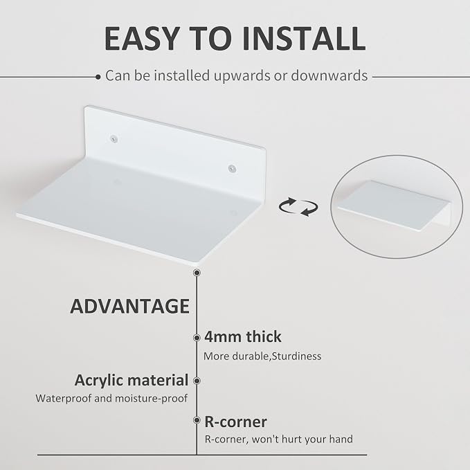Hexsohoma 9 Inches White Floating Shelves, Acrylic Wall Shelves for Living Room, Bedroom, Bathroom, Kitchen, Office, Brand Store, Retails, Gaming Room, 4 Pack - Image 4