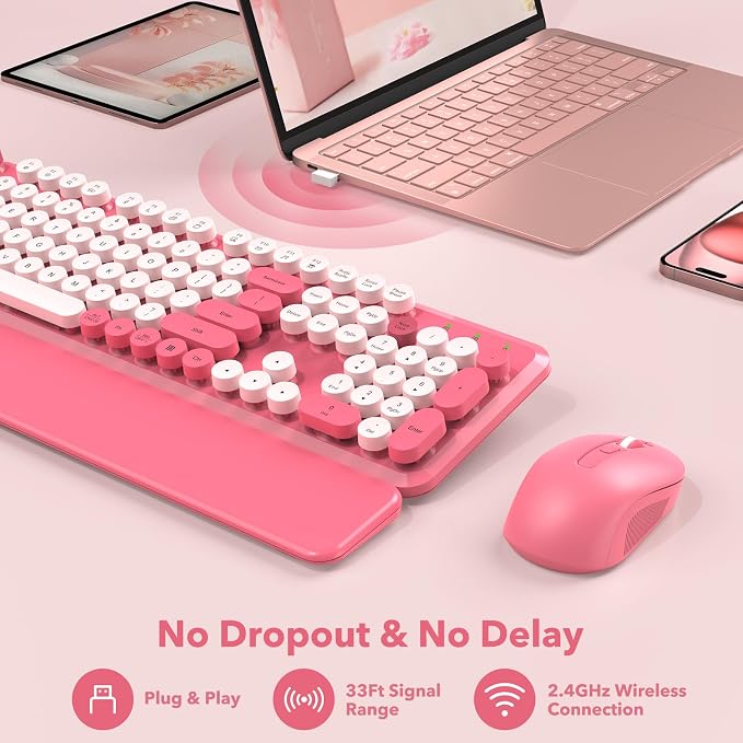 Wireless Keyboard and Mouse Combo, Round Keycaps, Magnetic Wrist Rest, Pink - Image 7