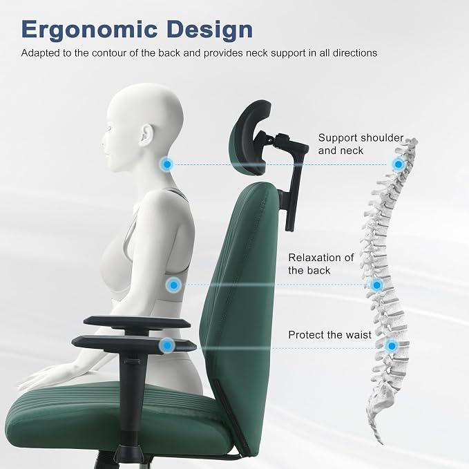 Symino Office Chair Ergonomic with 109° Rocking Function, Premium PU Leather, Integrated Lumbar Support, Adjustable Headrest & Armrests, Swivel Desk Chair - Image 6
