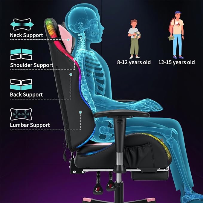 HOFFREE RGB Gaming Chair for Kids LED Computer Chair 155°Recliner-Pink | PC Game Chair with Lights Gamer Chair for Boys Teens 8-15 Video Game Chairs with Footrest and Lumbar Support Racing Style - Image 8
