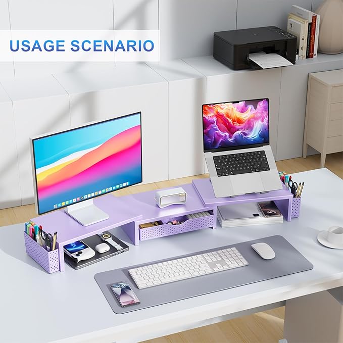 gianotter Dual Monitor Stand Riser With Drawer and 2 Pen Holders | Computer Monitor Stand Desk Organizer and Accessories Desk Shelf for Top of Desk (Purple) - Image 5