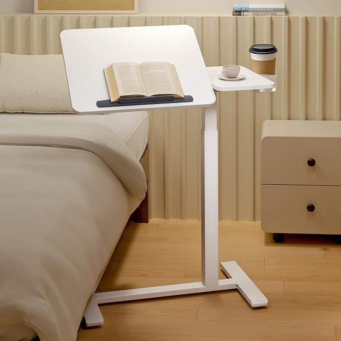 Overbed Bedside Table with Wheels, Pneumatic Adjustable Medical Tilt Top Hospital Bed Table Over The Bed, Rolling Laptop Desk, Mobile Standing Desk for Hospital and Home Use, White by Unknown