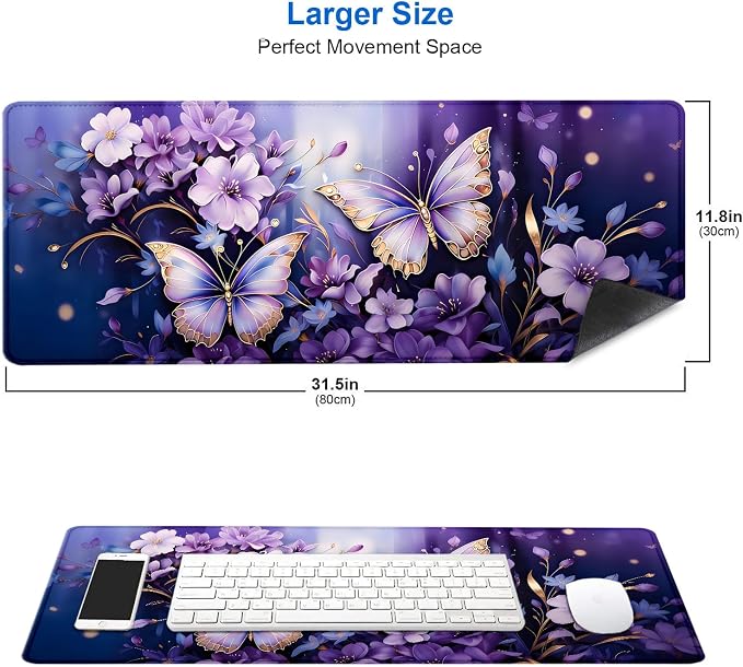 IMAYONDIA Gold Butterfly Desk Pad, Purple Flowers Large Mousepad, Floral Desk Mat, Modern Beutiful Extended Mouse Pads for Laptop, Computer Pad for Women Girls Office, 31.5x11.8 in - Image 2