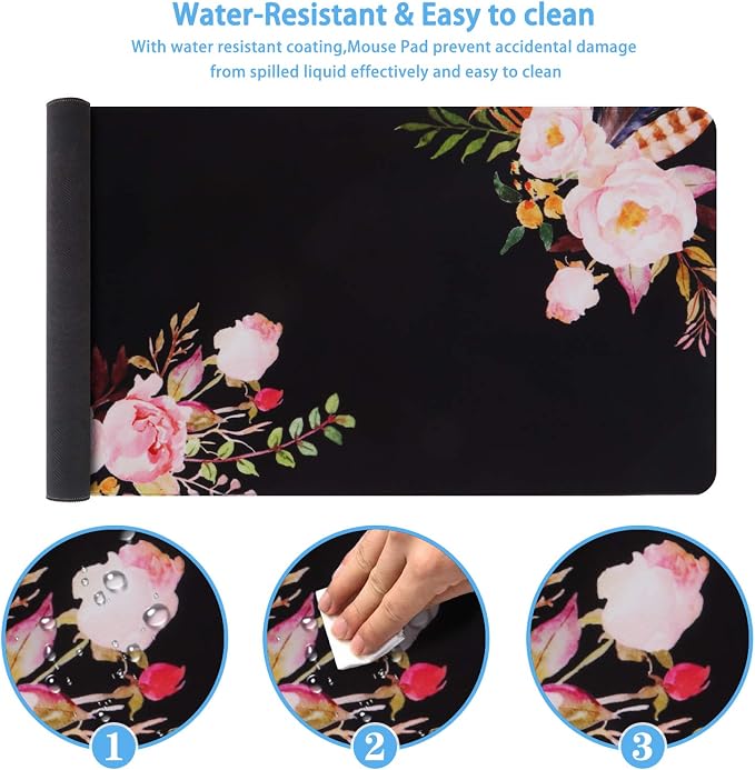 iCasso Extended Gaming Mouse Pad,35.4 x 15.7in Desk Pad,Flower | Non-Slip Rubber Base Mousepad with Stitched Edges,Waterproof Keyboard Mouse Mat Desk Pad for Work Home - Image 3
