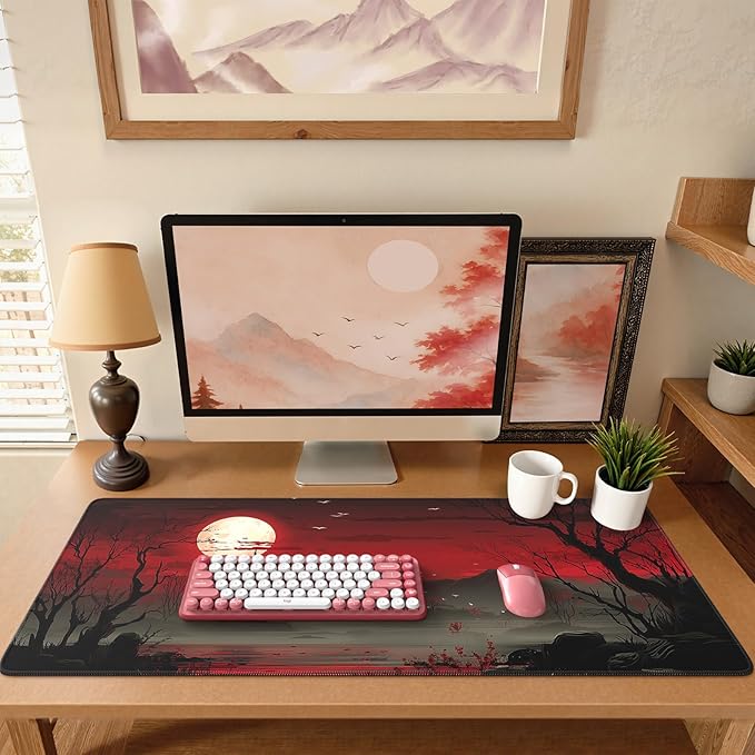 iCasso Desk Protector Mat, Large Japanese Mouse Pad, Full Moon | Stable Rubber Base Mousepad with Stitched Edges, Keyboard Mouse Mat Desk Pad for Work, Office, Home, Game by iCasso