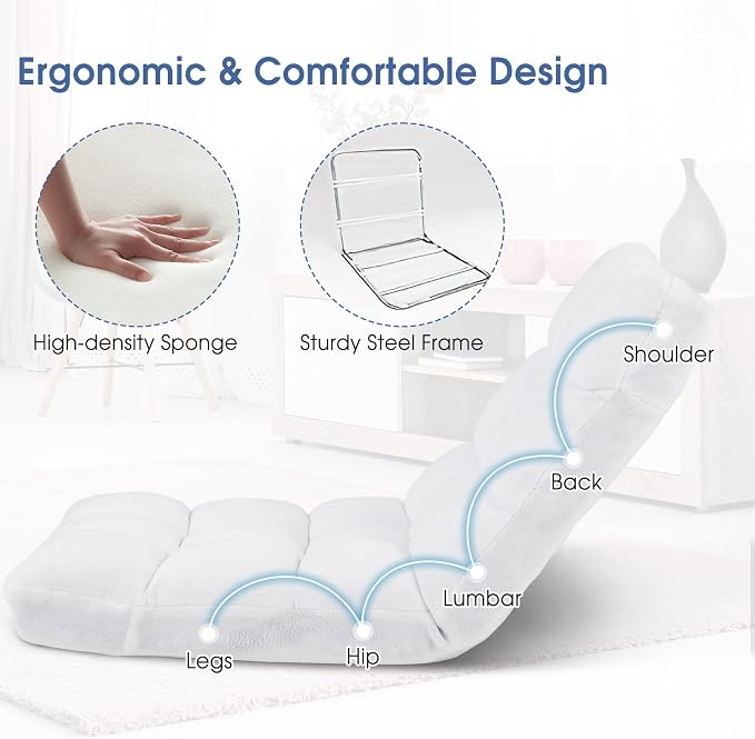 Floor Chair with Back Support, 14-Position Lazy Sofa Chair with Soft Coral Fleece, Folding Floor Gaming Chair, Couch Recliner, Floor Seat for Reading, Meditating, Yoga, Gaming (White) - Image 5