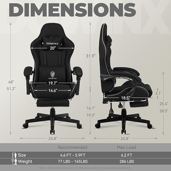 Dowinx Gaming Chair Fabric with Pocket Spring Cushion, Massage Game Chair Cloth with Headrest, Ergonomic Computer Chair with Footrest 290LBS, Black - Image 3