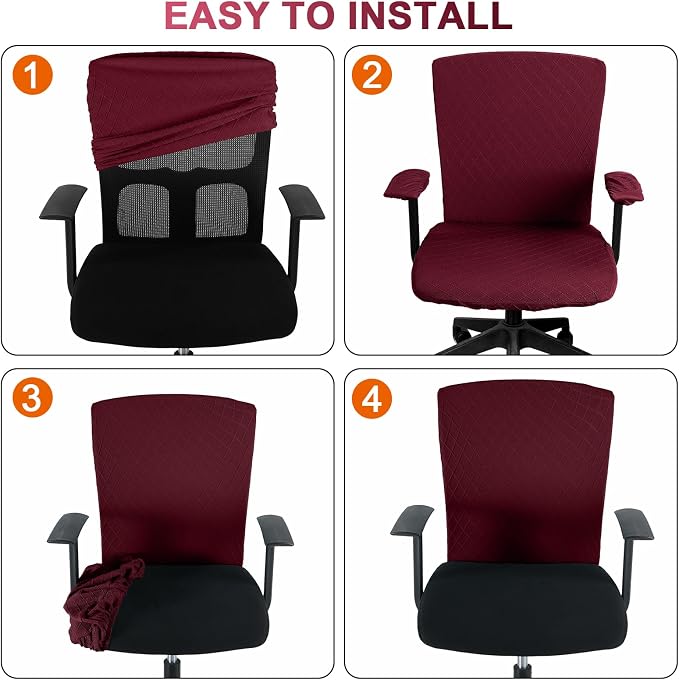 Tallew 4 Pcs Office Chair Covers Set Computer Universal Protective Stretchable Chair Seat Covers Desk Armrest Slipcovers Pads Office Cushion Backrest for Rotating(Wine Red) - Image 6
