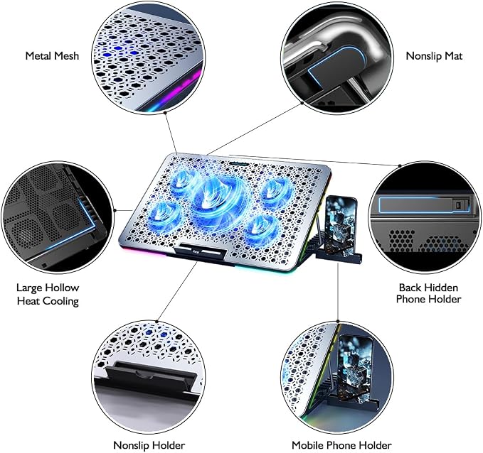LIANGSTAR Laptop Cooling Pad, Laptop Cooler Gaming 5 Quiet Fans with Large Metal Plate for 12-17.3 Inch Fan Stable Stand, 4 Modes RGB Light, 7 Height & Adjust Speed, 2 USB Port & Phone Holder - Image 6
