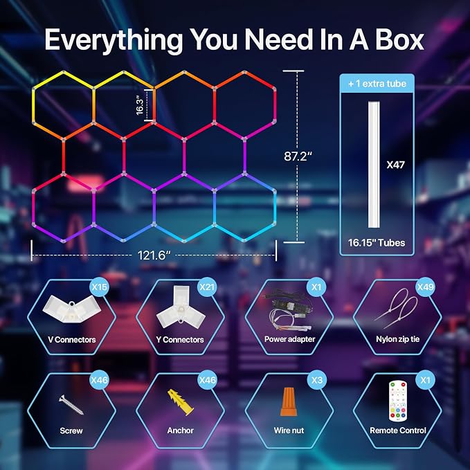 HYPERLITE Hexagon Garage Lights: Gen IV-11 Grid RGB Hexagon LED Lights with Music Sync Mode, App & Remote Control, Multi-Color Honeycomb Light for Gaming Room, Gym, Garage - Image 8