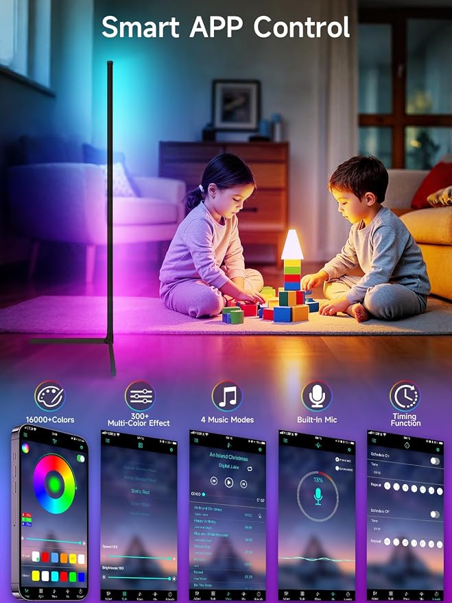 Tyute Corner Floor Lamp, RGB LED Corner Lamp with Music Sync, Smart App and Remote Control Color Changing Ambience Light, LED Lamp with 16 Million Colors for Bedroom, Living Room Gaming Room - Image 3