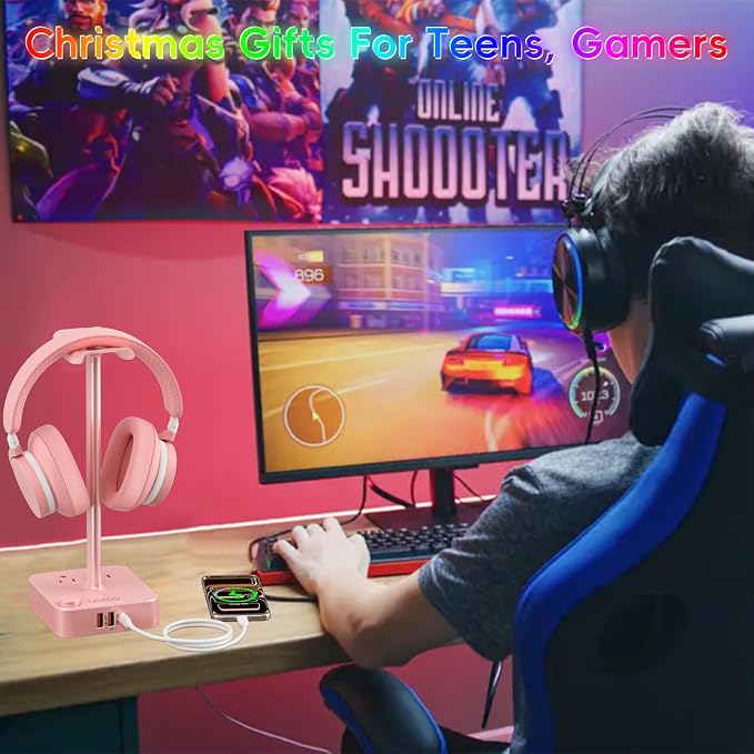 cozoo Headphone Stand with Charger, USB C, Gifts for Gamers Men, Pink | Gaming Headset Stand Holder for Desk, 3 USB(1 USB C) and 2 AC Outlets Charging Ports, Headphone Hanger, Gamer Gifts for Men - Image 3