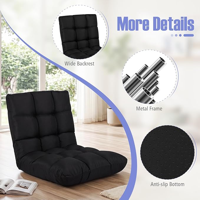 Giantex Adjustable Floor Gaming Sofa Chair 14-Position Cushioned Folding Lazy Recliner High Resilience Sponge, Breathable Cotton & Linen Fabric Sleeper Bed Couch Recliner (Black) - Image 6