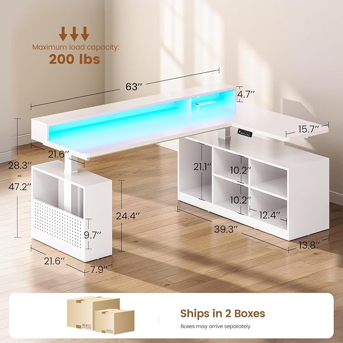 SEDETA L Shaped Electric Corner Standing Desk with Storage, Monitor Stand | 63 inch Height Adjustable Computer Desk with Shelves, Corner Gaming Desk with LED Lights, Power Outlet for Home Office, White - Image 2