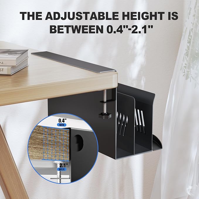 Litwaro Desk Side Storage Organizer, 2 Tier Laptop Holder Clamp on Desk Organizer, No Drill Laptop Mount with Magnetic Pen Holder, Hanging Desk Organizer Fits Flat Edge Table 0.4" to 2.1" (Black) - Image 3