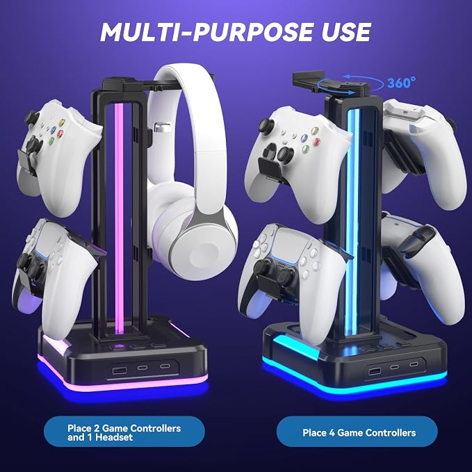 KDD RGB Gaming Headphone and Controller Stand with 2 Type-C and 1 USB Ports | Headset Stand with 9 Light Modes, Headset Holder for Desk, Controller Headphone Holder, For Gift PC Gaming Room Accessories - Image 6