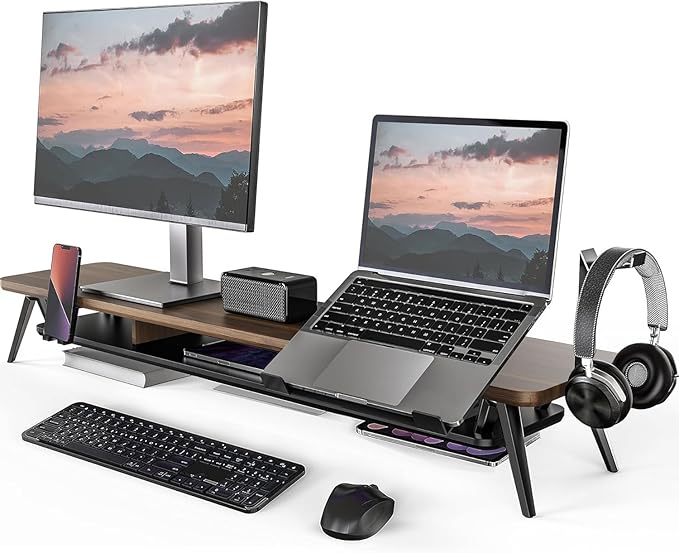 Fenge 42.5-Inch Monitor Stand Riser with Laptop, Phone & Headphone Holders | 10° Adjustable Laptop Holder, 2-Tier Storage, Dual Monitor or Monitor-Laptop Setup, Ideal for Multitasking, Gaming, Streaming by Fenge