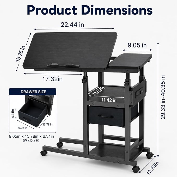 DAPOTUG Adjustable Overbed Bedside Table with Wheels, Charging Station - Image 2