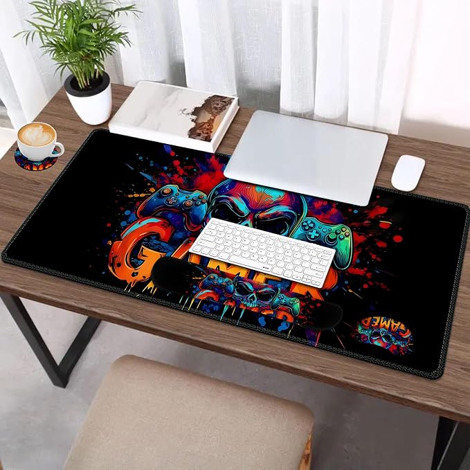AIMSA Large Gaming Mouse Pad Set, Keyboard Wrist Rest Support + Extended Mouse Pad + Mouse Wrist Cushion + Coaster, Skull Gamer Ergonomic Memory Foam Multifunctional Desk Mat 35x15.7inch - Image 6