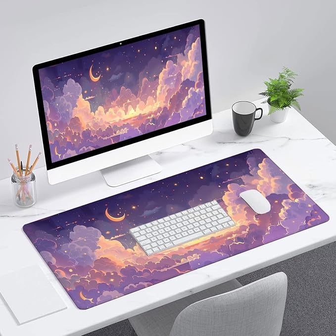 Cute Gaming Mouse Pad Desk Pad Kawaii Pink Purple Gold Clouds Mousepad XL Large Gaming Mouse Pad Laptop Keyboard Mat Desk Pad Office Home Decor for Women Girl 31.5"x11.8" - Image 3