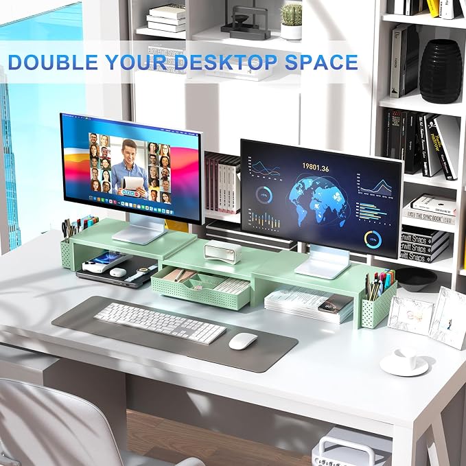 gianotter Dual Monitor Stand Riser With Drawer and 2 Pen Holders | Desk Organizer and Accessories Computer Monitor Stand, Desk Shelf for Top of Desk (Sage Green) - Image 7