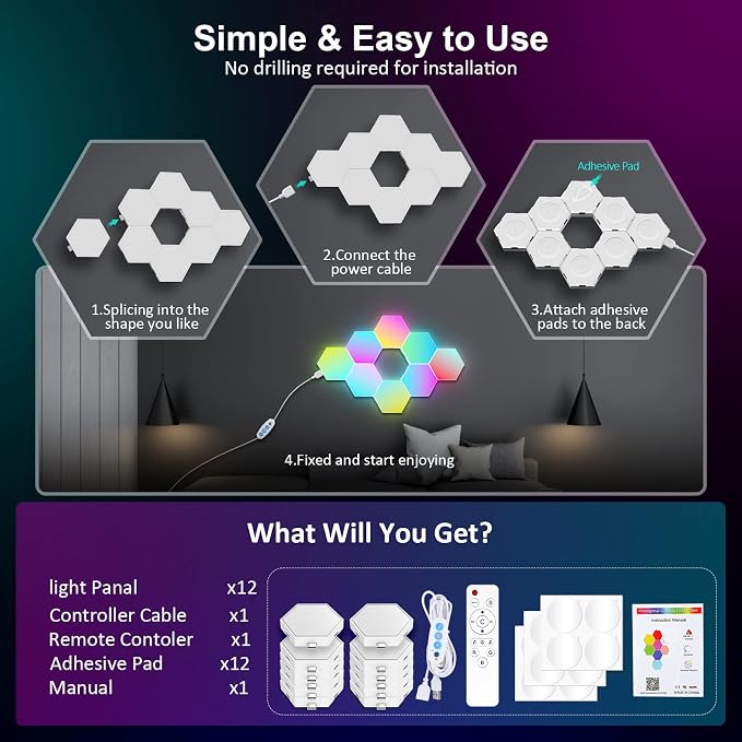 OJQ 12 Pack Hexagon Lights Wall RGB Panel - Led Lights Gifts for Men/Women - Image 7