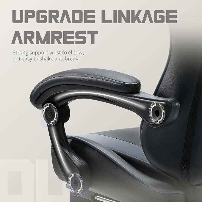 DUMOS Ergonomic Gaming Chair with Footrest, Home Office Desk Chair | PU Leather, Headrest, Linkage Armrests, Height Adjustable, 360 Swivel Reclining, Black Grey - Image 6