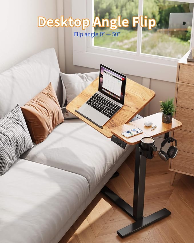 YIHAYO Adjustable Overbed Bedside Table with Wheels, 28 x 16 Inches Electric Mobile Standing Desk, Laptop Desk, Movable Overbed Tables Hospital Home Use, Rustic Brown - Image 7