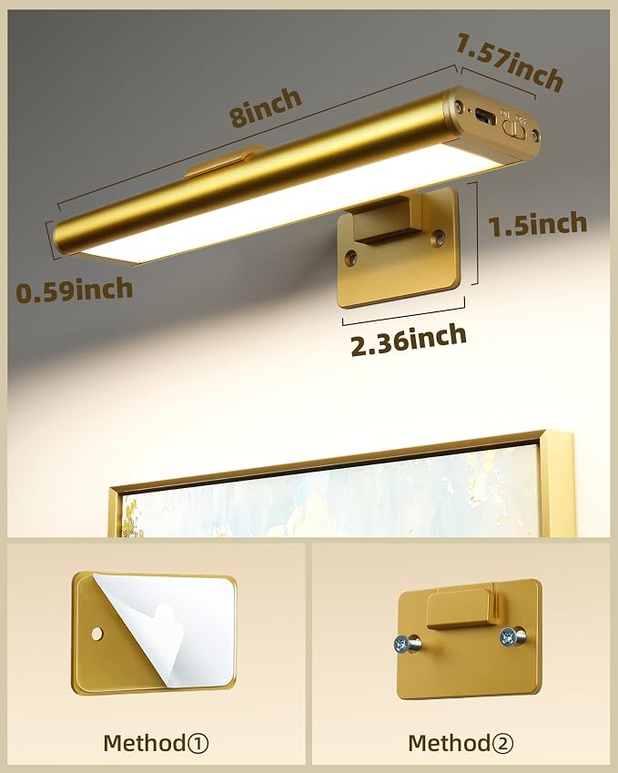 EZVALO Picture Light for Wall, Rechargeable 2400mAh Gold Lights Wireless with IR Remote, 3 Color & Dimmable Magnetic 7.87'' LED Lights Display for Painting, Living Room, Gallery, Bedroom Art (2P) - Image 3