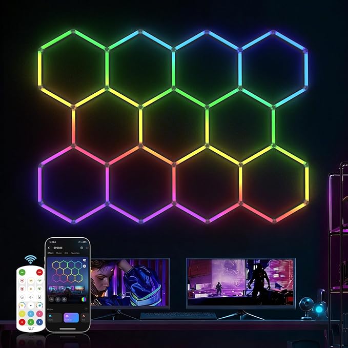 HYPERLITE Hexagon Garage Lights: Gen IV-11 Grid RGB Hexagon LED Lights with Music Sync Mode, App & Remote Control, Multi-Color Honeycomb Light for Gaming Room, Gym, Garage by HYPERLITE