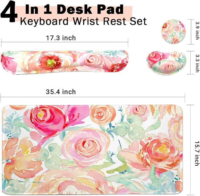 Large Mouse Pad Set, Cute Extended Mouse Pad+Keyboard Wrist Rest Support Desk Pad Memory Foam Ergonomic Easy Typing, 35.4×15.7 in Desk Mat Set for Home Office Study Game - Flowers - Image 3