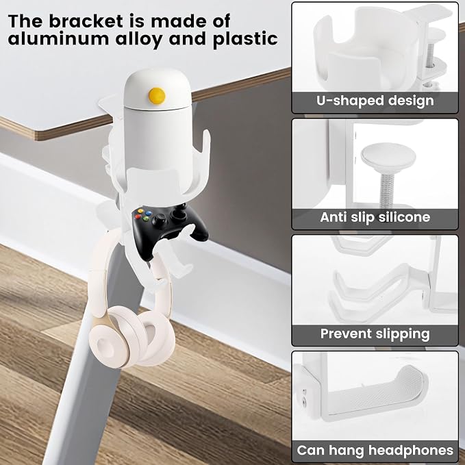 4 in 1 Desk Cup Holder with Headphone Hanger and Controller Stand Gaming Accessories, Under Desk Clamp Rotatable Headset Holder,Adjustable&Rotating Upgraded Arm Clamp,Desk Controller Holder (White) - Image 4