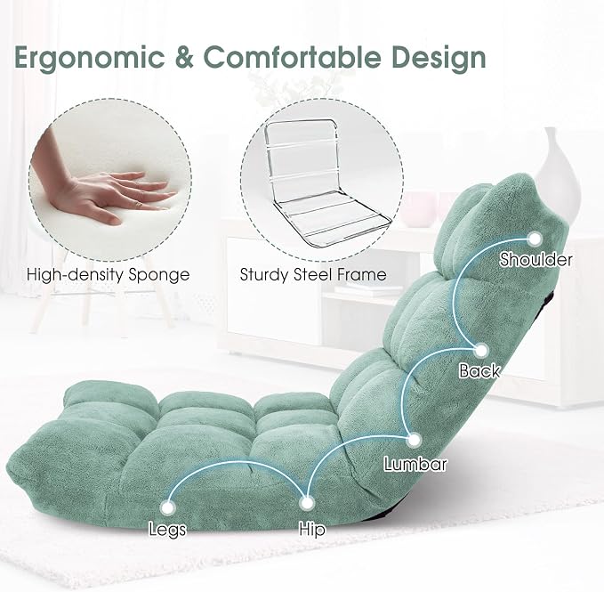 Folding Floor Chair with Back Support, Floor Seat, Lazy Sofa Chair | 14 Adjustable Position, Soft Coral Fleece, Thick Foam, Steel Frame Gaming Chair for Adults, Meditation, Living Room (Green) - Image 5