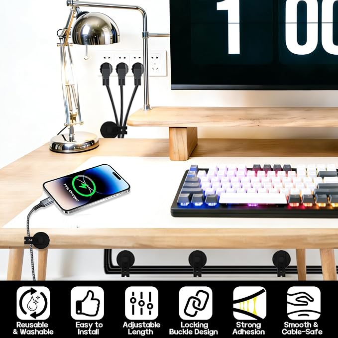 12Pcs Silicone Cable Straps, Self Adhesive Cable Management Under Desk, Reusable Cable Clip, Wire Organizers for Cords, Cord Holder for Home, Kitchen, Office, Bedroom, Car (Black) - Image 3