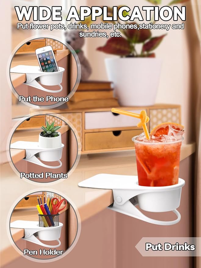 3PCS Clip on Cup Holder for Chair, Kalolary Desk Drink Holder Clamp, White - Image 6