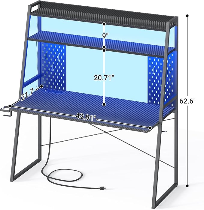 Besiost Small Gaming Desk with Hutch and LED Lights, Gaming Computer Desk with Power Outlets, Gamer Desk with Storage Shelves, Game Desks with Pegboards for Bedroom Small Spaces, Black, 43" - Image 2