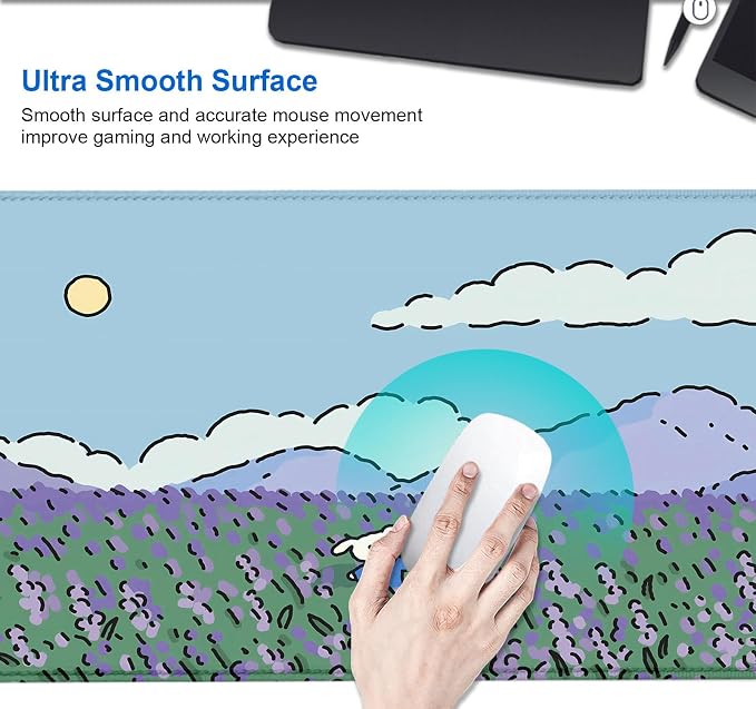 IMAYONDIA Anime Lavender Desk Mat Cute, Green Purple Blue XL Large Gaming Mouse Pad for Laptop, Kawaii Landscape Japanese Deskmat, Mousepad Computer Pad, 31.5 X 11.8 Inch - Image 4