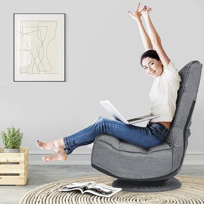 Giantex 360 Degree Swivel Floor Chair, Folding Floor Gaming Chair with 6 Positions Adjustable, Lazy Sofa Lounge Chair w/Tufted Back Support, Video Gaming Chair for Reading TV Watching (Gray) - Image 2