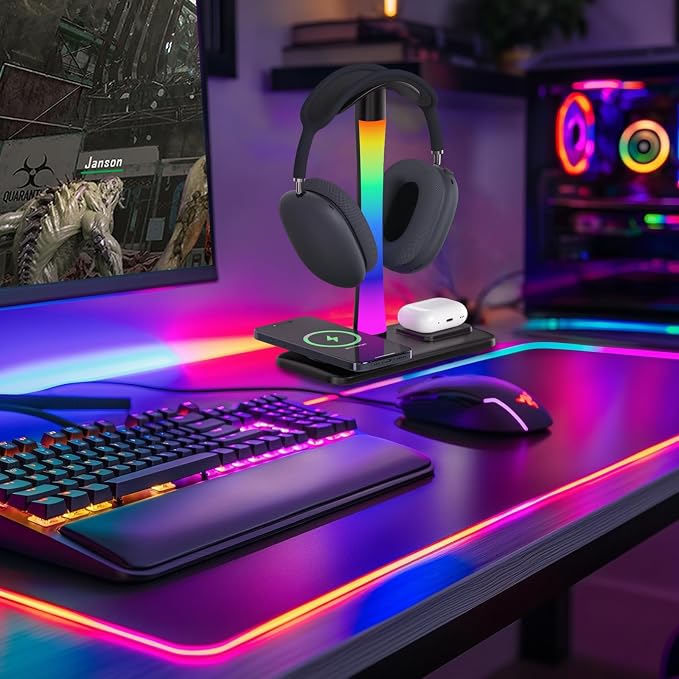 Headphone Stand with Wireless Charger,Gaming Headset stand with RGB Light Mode,For Airpod Max Stand Compatible with Airpod Pro/3/2,For iPhone 17/16/15/14/13/12/11,Gifts for Gamers & Music Lover(Black) - Image 8