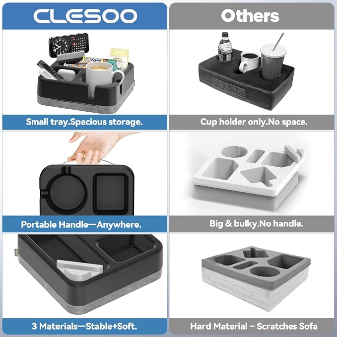 Couch Cup Holder Tray Couch Cup Holder Pillow Soft Sofa Caddy Drink Holder with 3 Compartments &Removable 360°Swivel Phone Stand, Portable Bed Snack Caddy Pillow with Handle for Tablet Controller Grey - Image 9