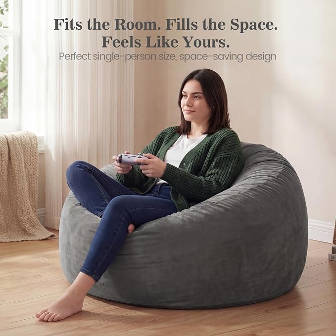 ACH Bean Bag Chair for Adults and Teens - 3ft Memory Foam Floor Chair, Perfect for Dorms, Gaming & Relaxing, Machine Washable Velvet Cover (Grey-Medium) - Image 7
