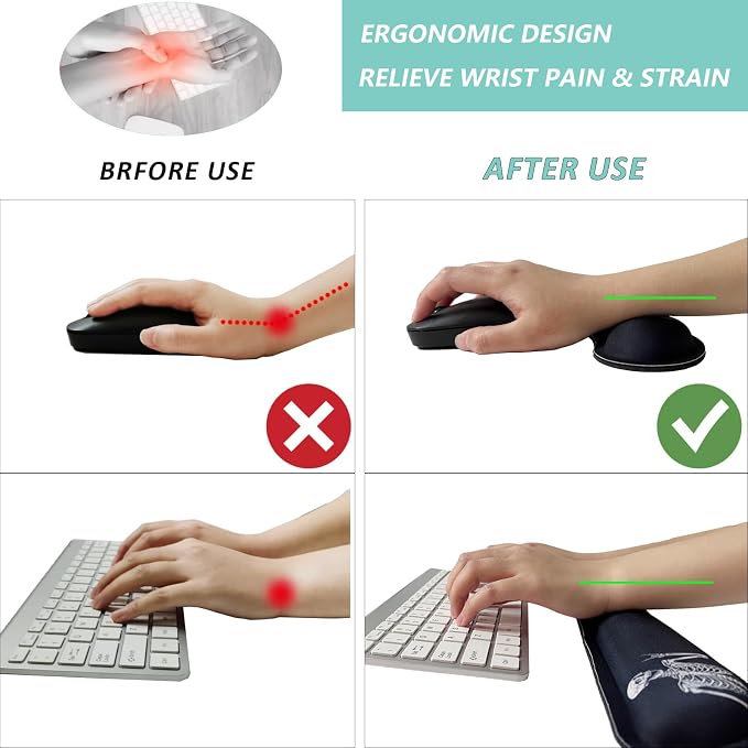 Keyboard Wrist Rest Mouse Wrist Support Set, Memory Foam Wrist Rest Pad for Computer Laptop Keyboard Mouse, Ergonomic Wrist Cushion Support for Typing Pain Relief, Gaming Home Office, Human Skeleton - Image 2